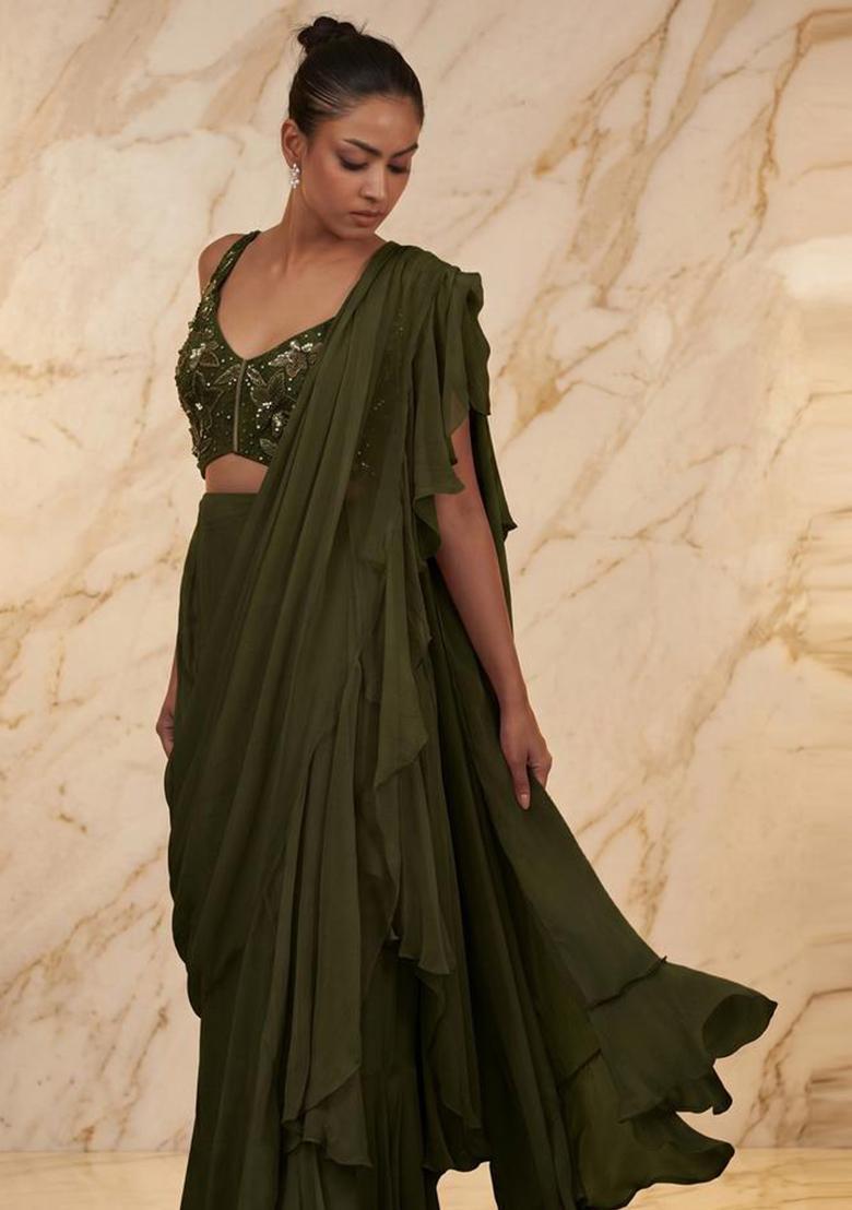 Olive Green Embroidered Handwork Pre Draped Saree Set - Indya