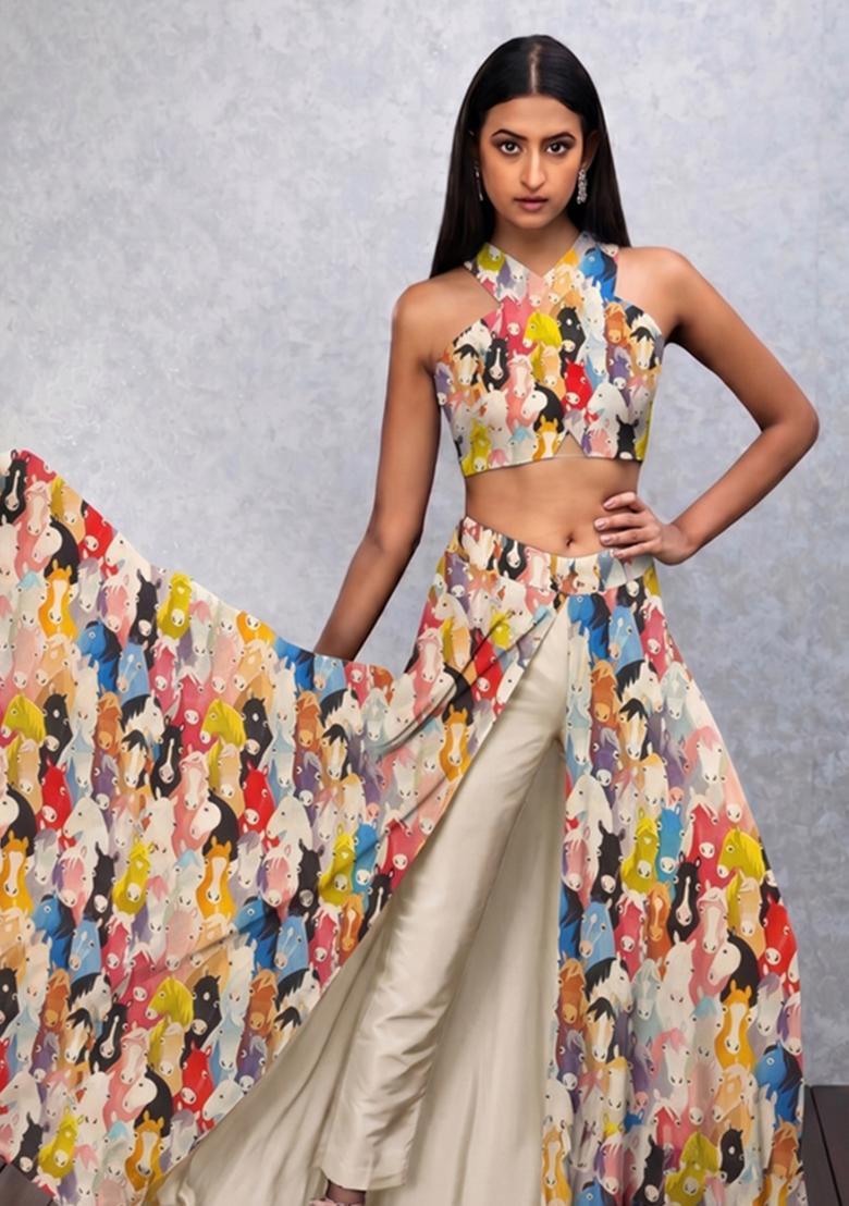 Multicolor Printed Satin Fusion Set - Indya