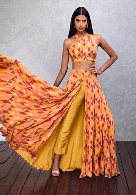 Mustard Yellow Printed Satin Fusion Set