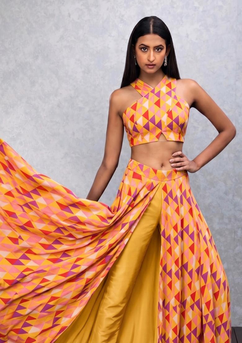Mustard Yellow Printed Satin Fusion Set - Indya