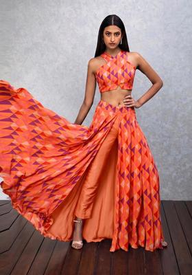 Bright Orange Printed Satin Fusion Set