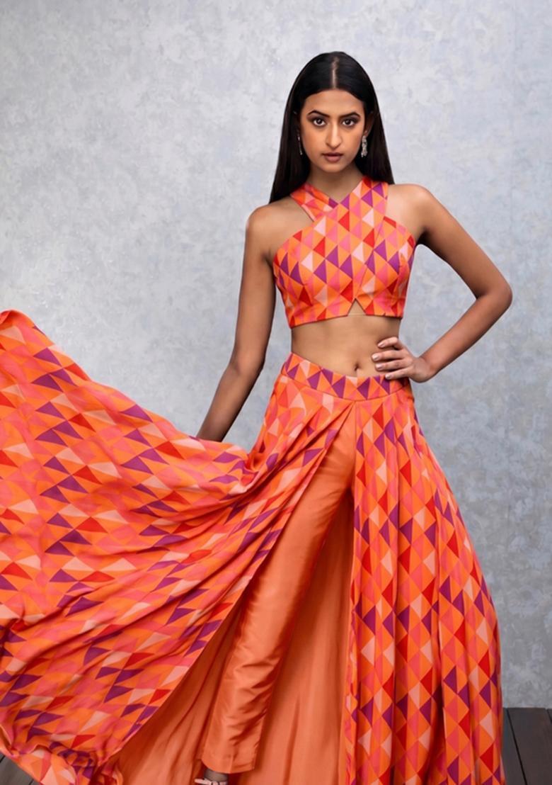 Bright Orange Printed Satin Fusion Set - Indya