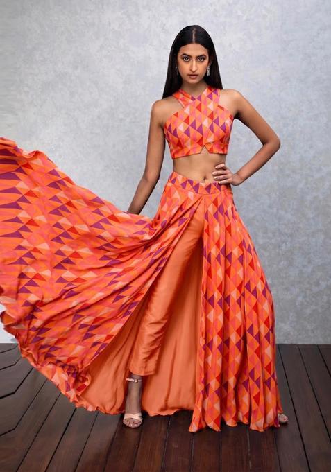 Bright Orange Printed Satin Fusion Set