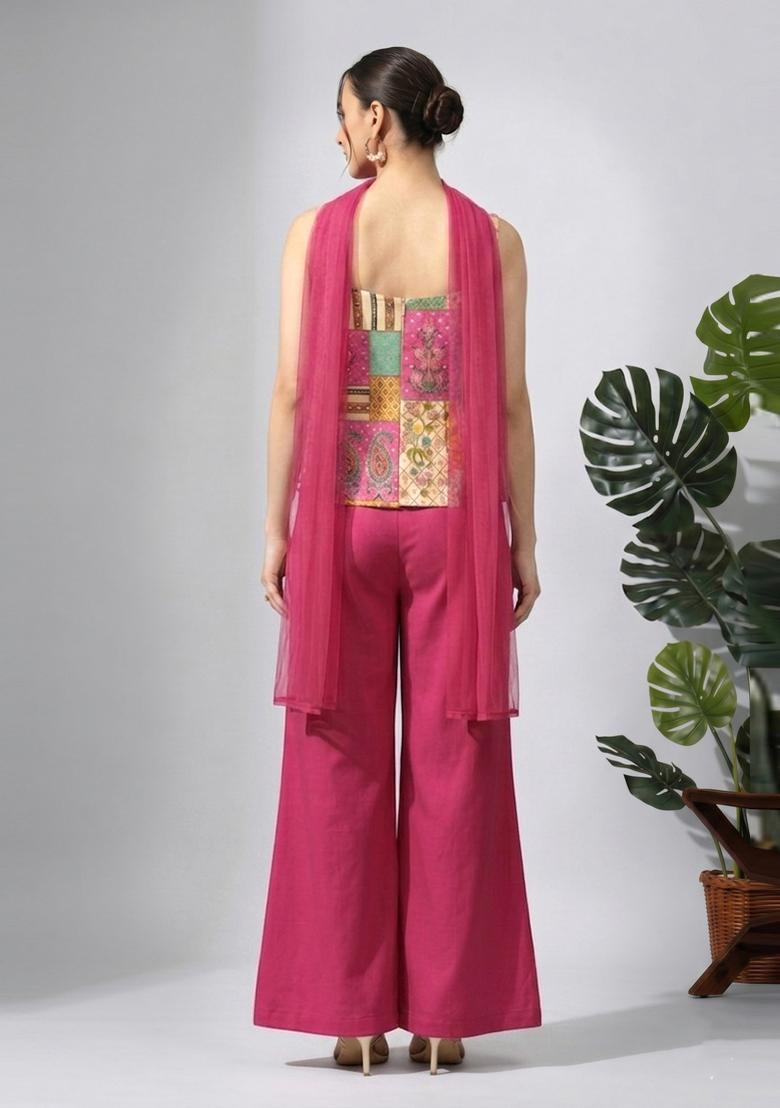 Off White Embroidered Chinon Fusion Set - Indya