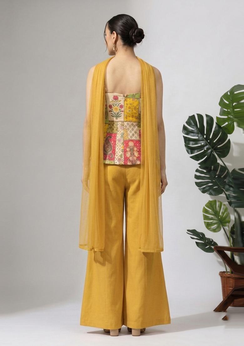 Cream Printed Chinon Fusion Set - Indya