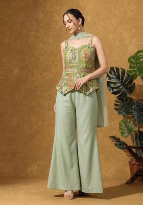 Light Green Printed Chinon Fusion Set