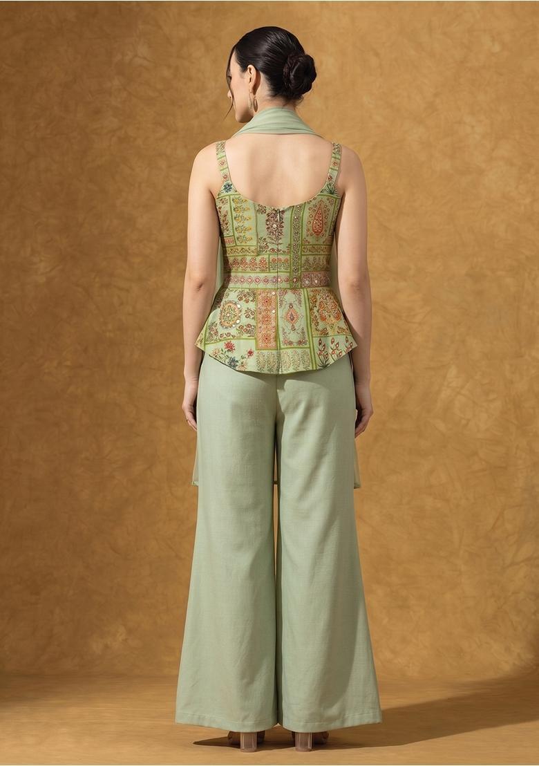 Light Green Printed Chinon Fusion Set - Indya