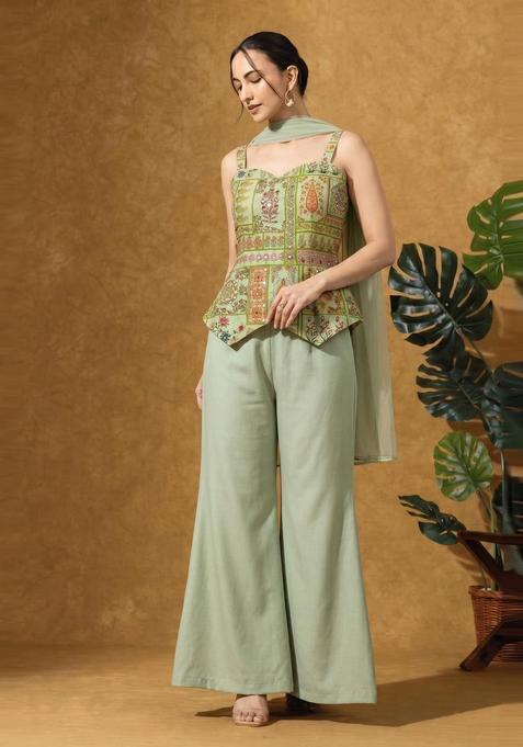 Light Green Printed Chinon Fusion Set