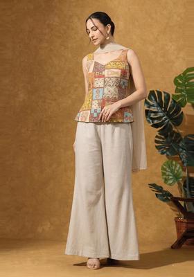 Beige Printed Chinon Fusion Set