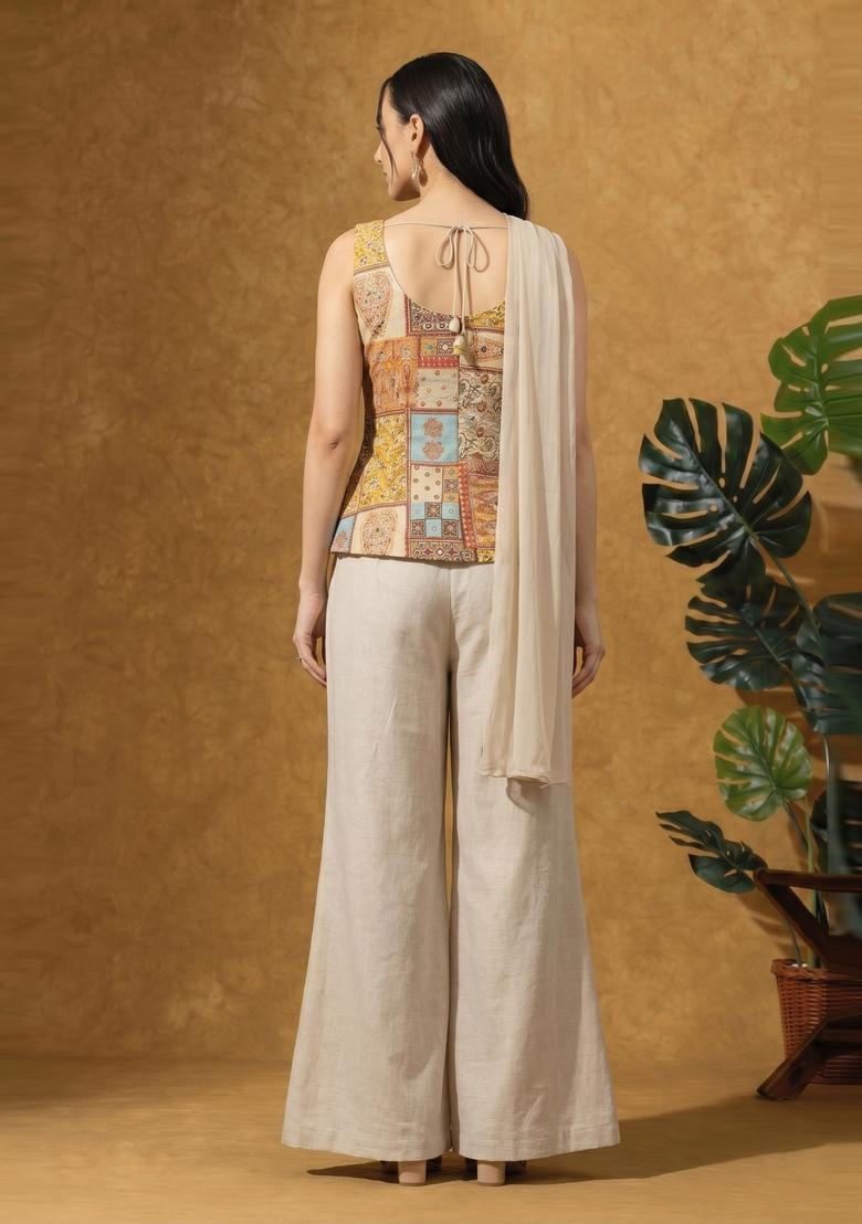 Beige Printed Chinon Fusion Set - Indya