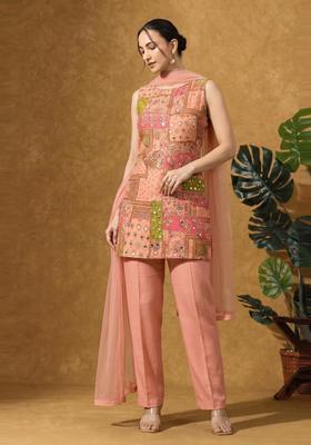 Peach Printed Chinon Kurta Set