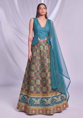 Teal Blue Printed Silk Blend Lehenga Set
