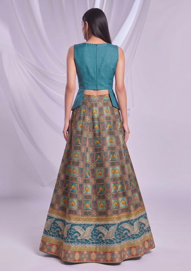 Teal Blue Printed Silk Blend Lehenga Set - Indya