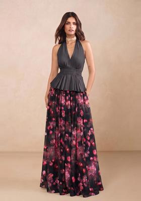 Charcoal Grey Floral Print Georgette Fusion Set