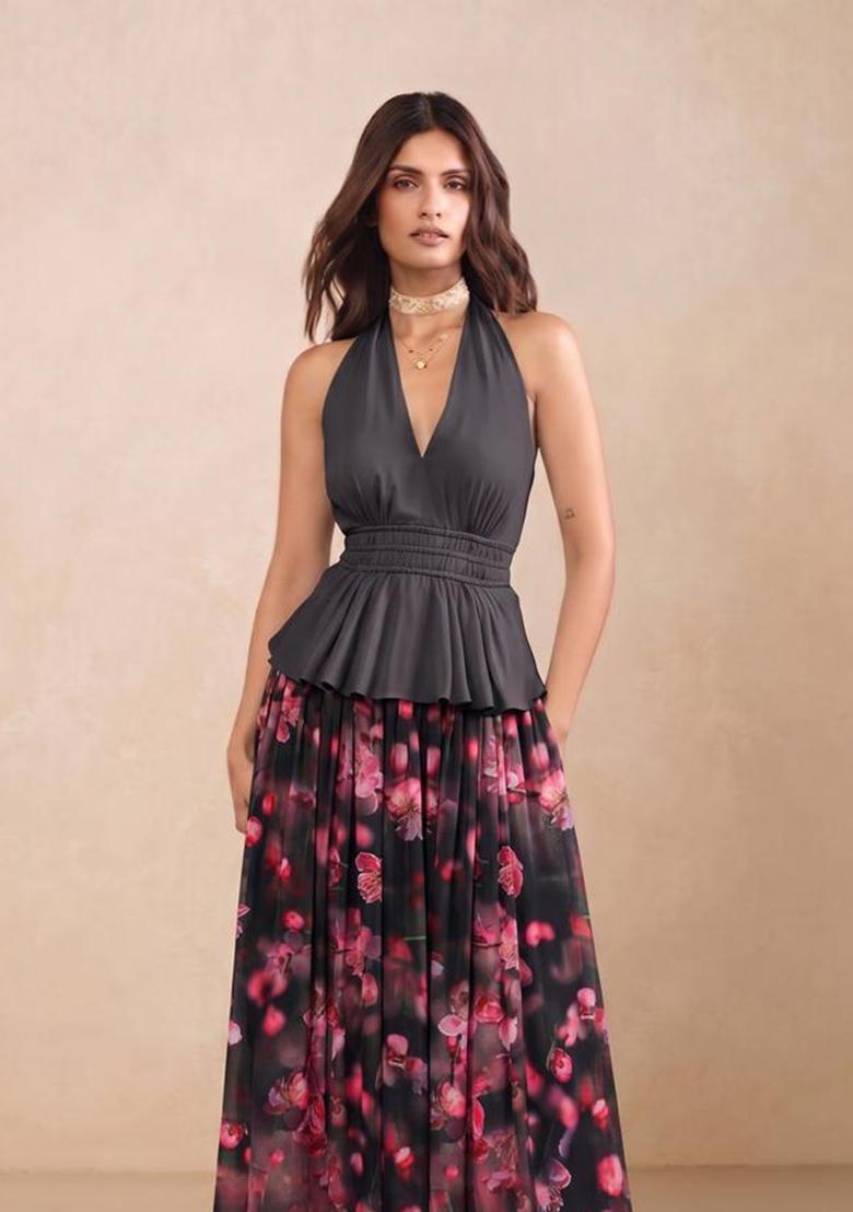 Charcoal Grey Floral Print Georgette Fusion Set - Indya