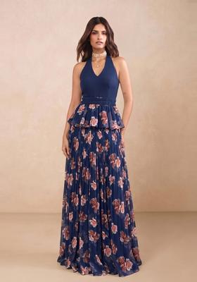 Dark Blue Floral Print Georgette Fusion Set