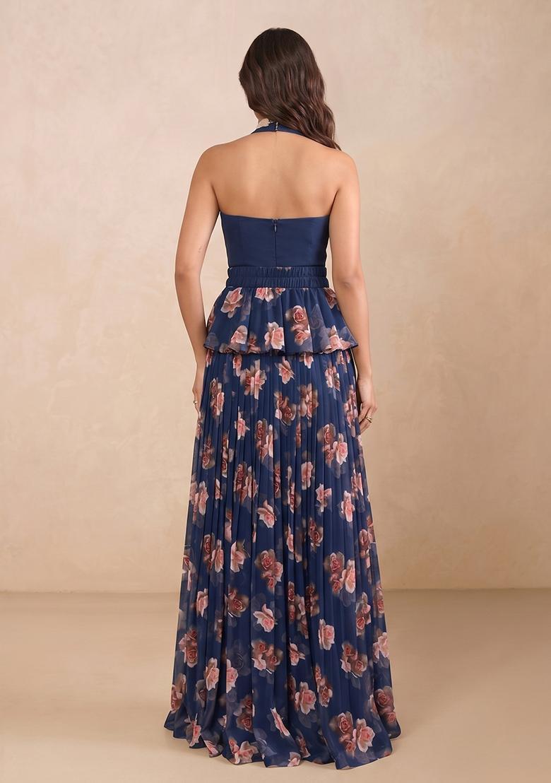 Dark Blue Floral Print Georgette Fusion Set - Indya