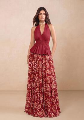 Deep Maroon Floral Print Georgette Fusion Set