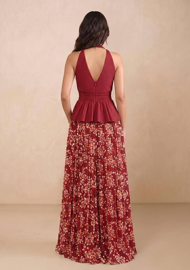 Deep Maroon Floral Print Georgette Fusion Set - Indya