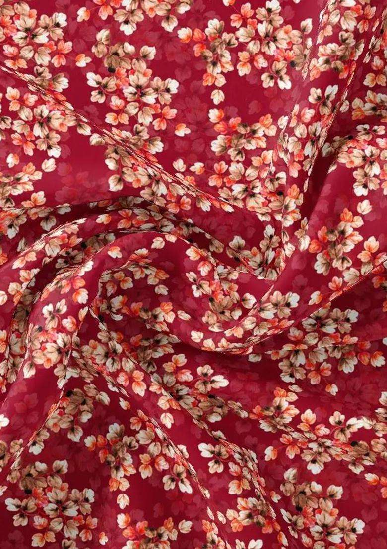 Deep Maroon Floral Print Georgette Fusion Set - Indya