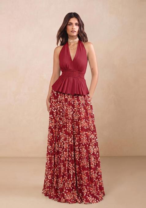 Deep Maroon Floral Print Georgette Fusion Set