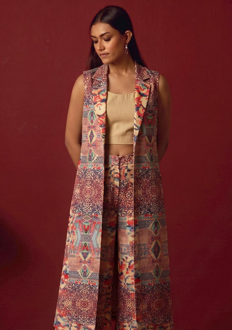 Multi Abstract Print Silk Blend Fusion Set - Indya