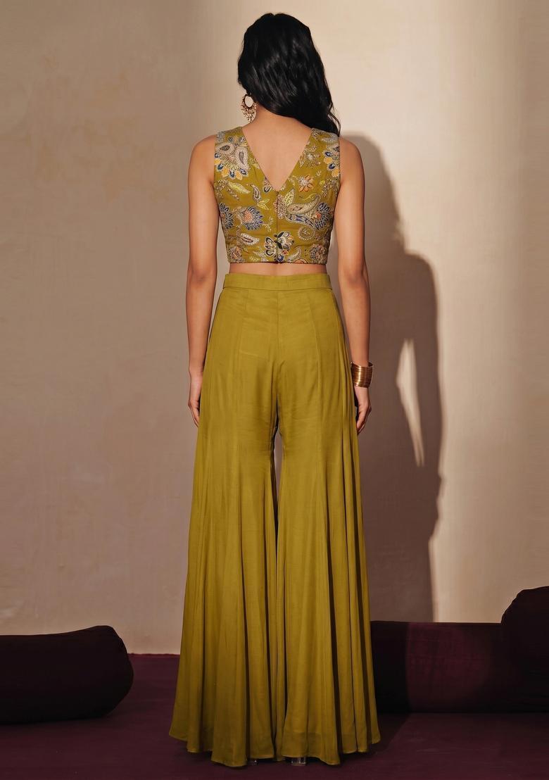 Olive Green Embellished Crepe Fusion Set - Indya