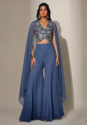 Dusty Blue Embellished Crepe Fusion Set