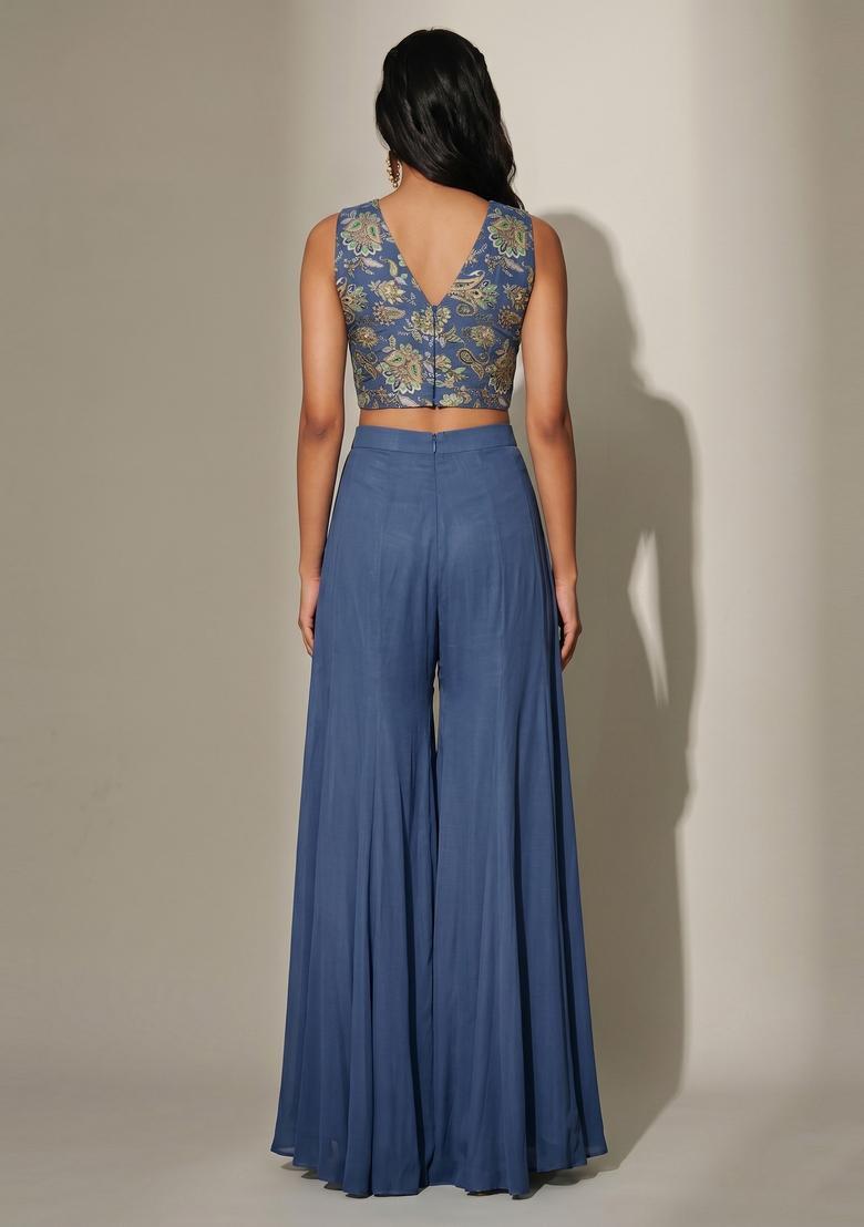 Dusty Blue Embellished Crepe Fusion Set - Indya