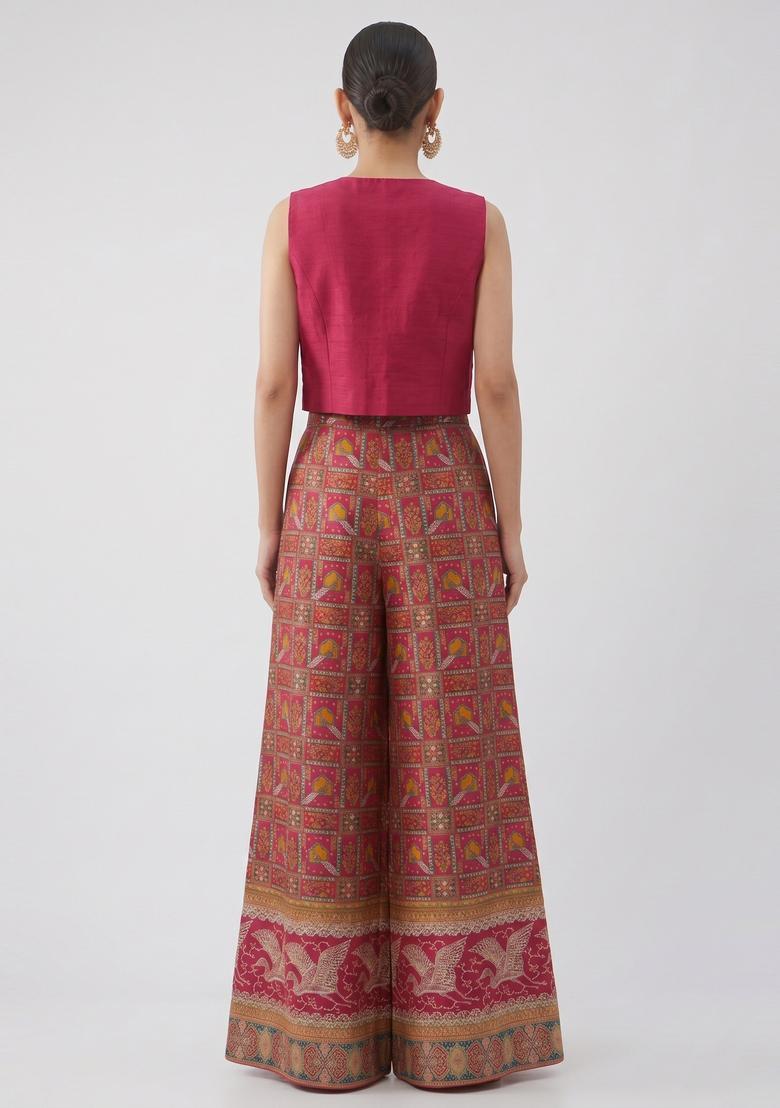 Magenta Pink Printed Silk Blend Fusion Set - Indya