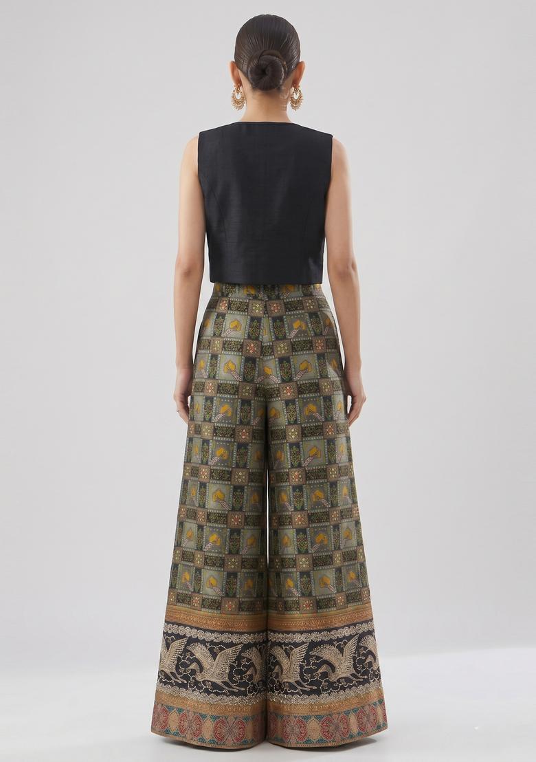 Black Printed Silk Blend Fusion Set - Indya
