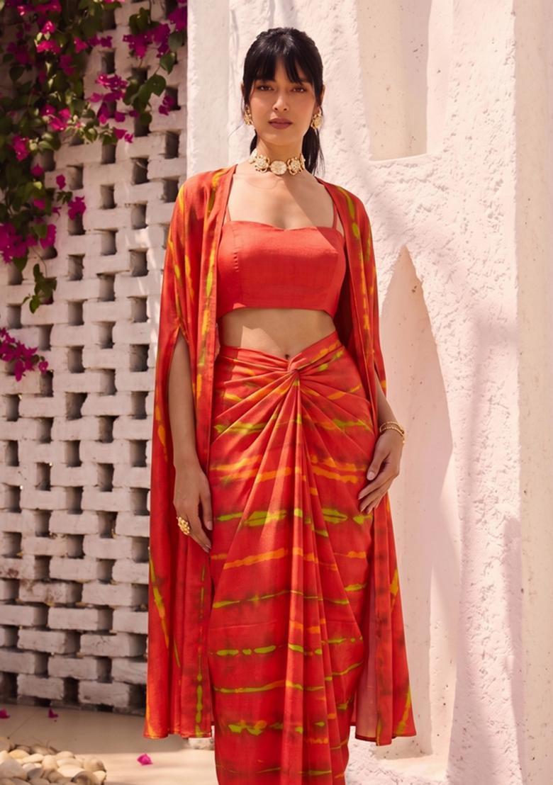 Rust Orange Abstract Print Satin Fusion Set - Indya