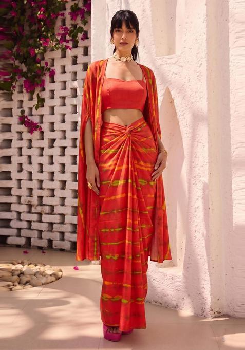 Rust Orange Abstract Print Satin Fusion Set