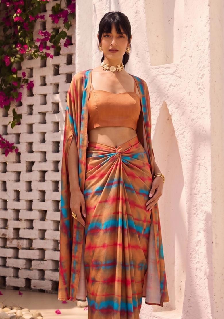 Copper Abstract Print Satin Fusion Set - Indya