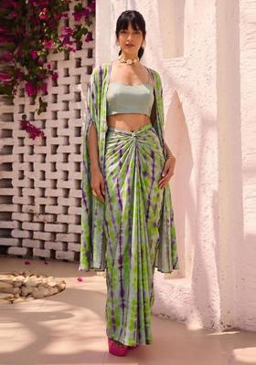 Light Green Abstract Print Satin Fusion Set