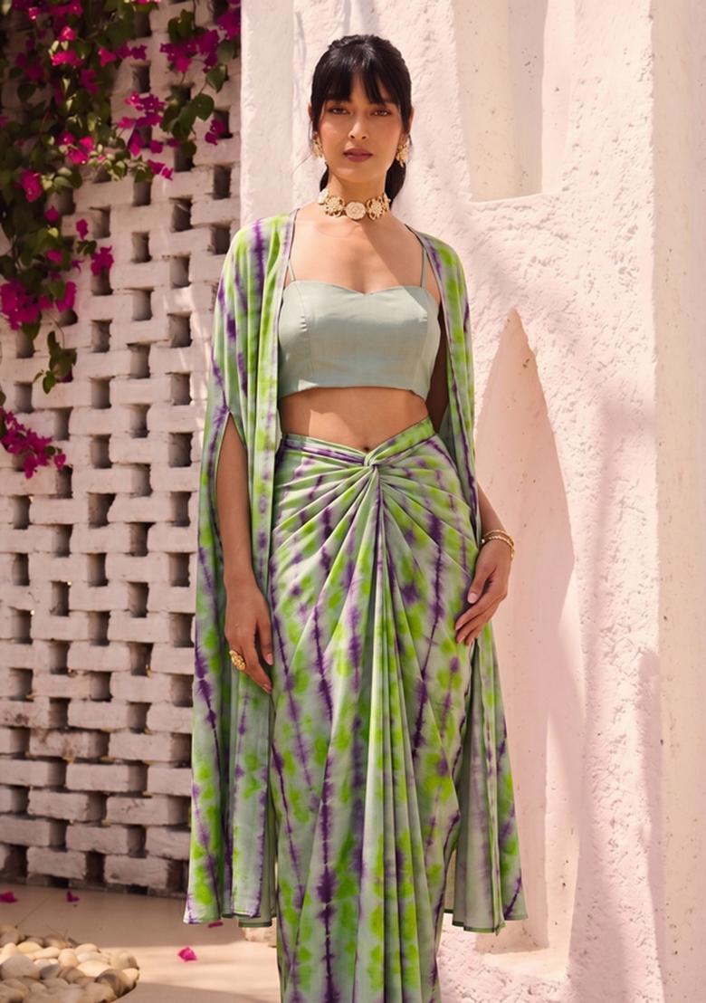 Light Green Abstract Print Satin Fusion Set - Indya