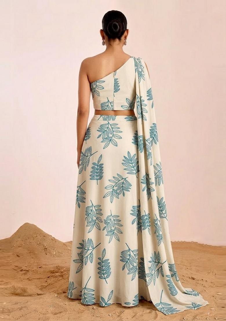 Off White Floral Print Georgette Fusion Set - Indya