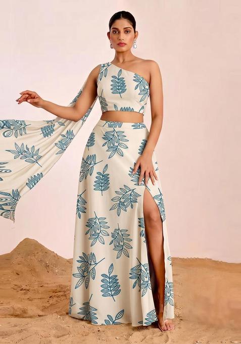 Off White Floral Print Georgette Fusion Set