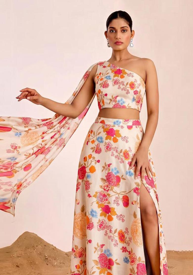 Multi Floral Print Georgette Fusion Set - Indya