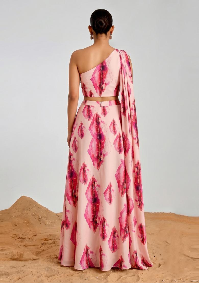 Pastel Pink Abstract Print Georgette Fusion Set - Indya