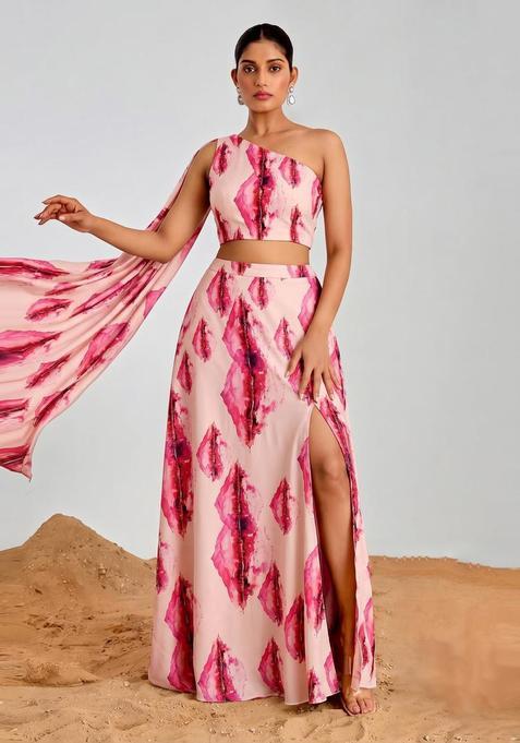 Pastel Pink Abstract Print Georgette Fusion Set