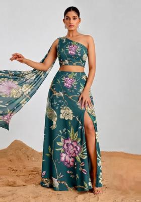 Deep Teal Floral Print Georgette Fusion Set