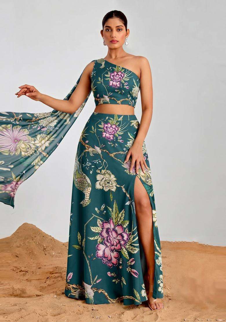 Deep Teal Floral Print Georgette Fusion Set - Indya