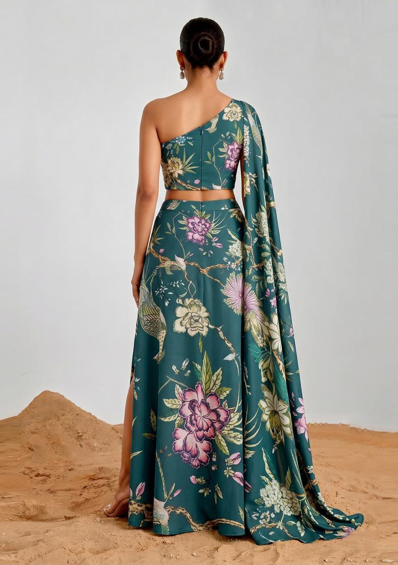 Deep Teal Floral Print Georgette Fusion Set - Indya