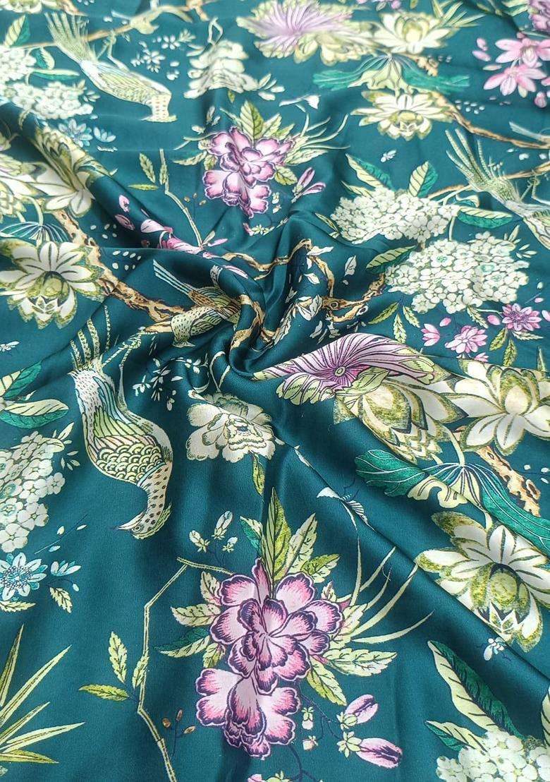 Deep Teal Floral Print Georgette Fusion Set - Indya