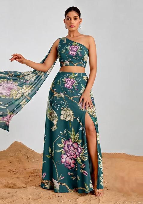 Deep Teal Floral Print Georgette Fusion Set
