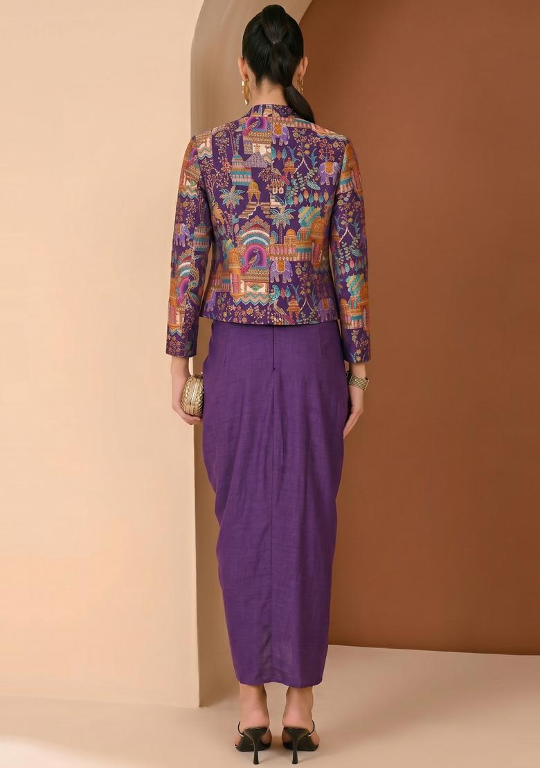 Purple Figure Print Crepe Fusion Set - Indya