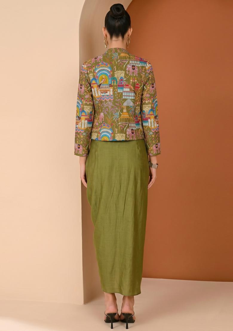 Olive Figure Print Crepe Fusion Set - Indya