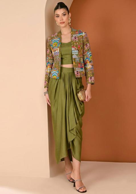 Olive Figure Print Crepe Fusion Set