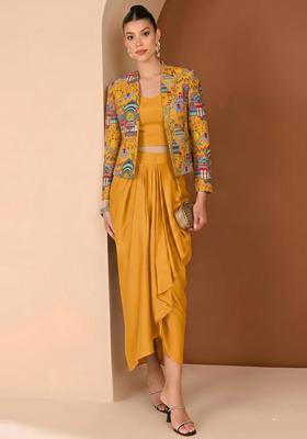 Mustard Figure Print Crepe Fusion Set